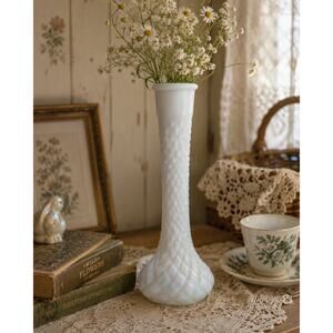 Vintage Hoosier Milk Glass Vase White Hobnail Bud Vase 8” Cottagecore Farmhouse